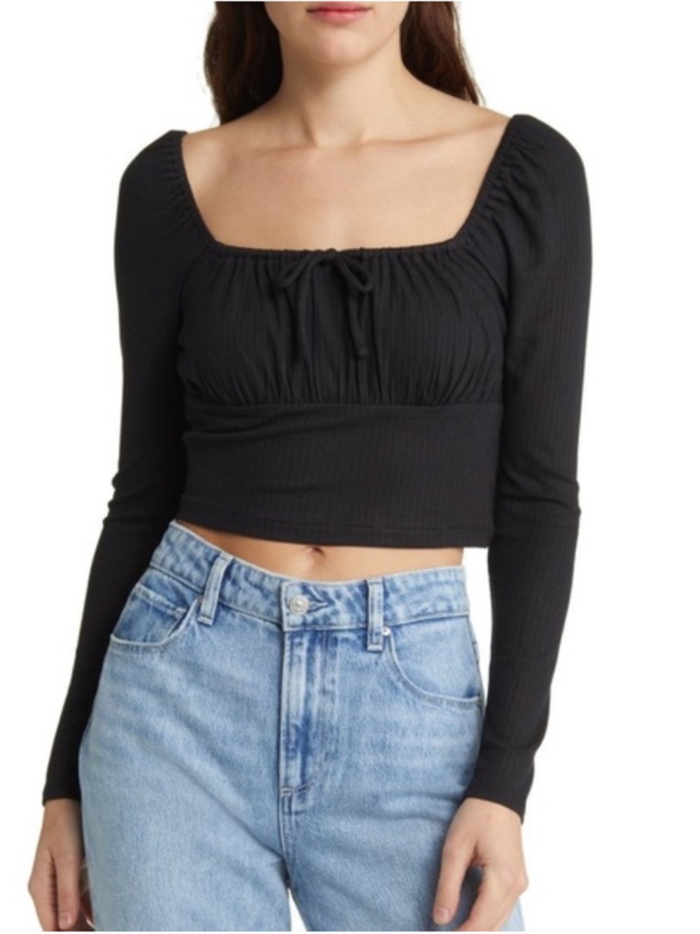 Madewell Black Ribbed Square-Neck Long-Sleeve Crop Top